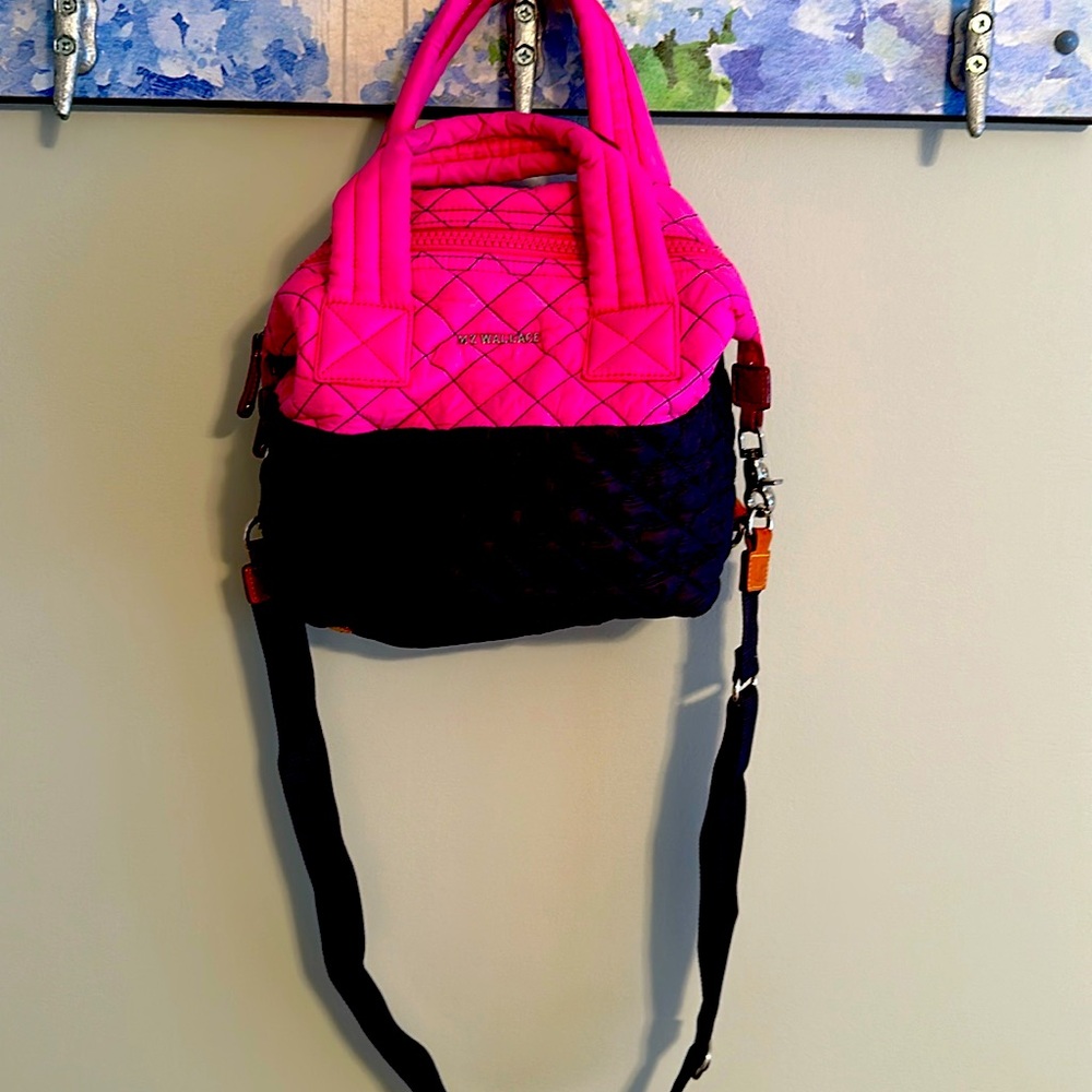 MZWallace Bag ~ Pink and Navy with removable strap.